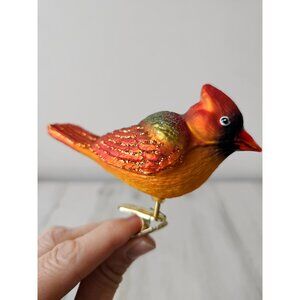 OWC Old world Cardinal bird clip glass‎ ornament glitter orange Xmas tree